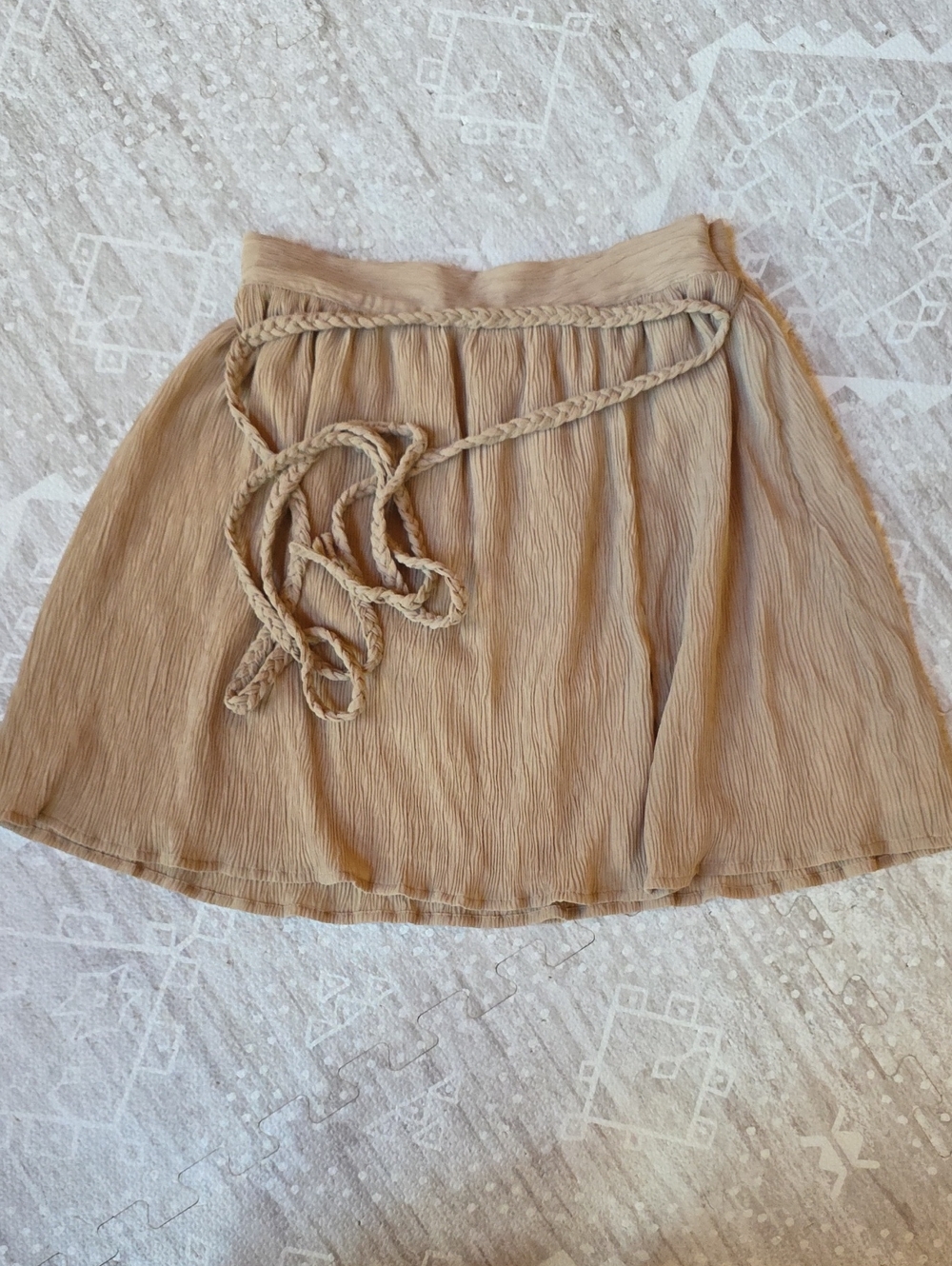 Braided Waist Tan Pleated Mini Skirt